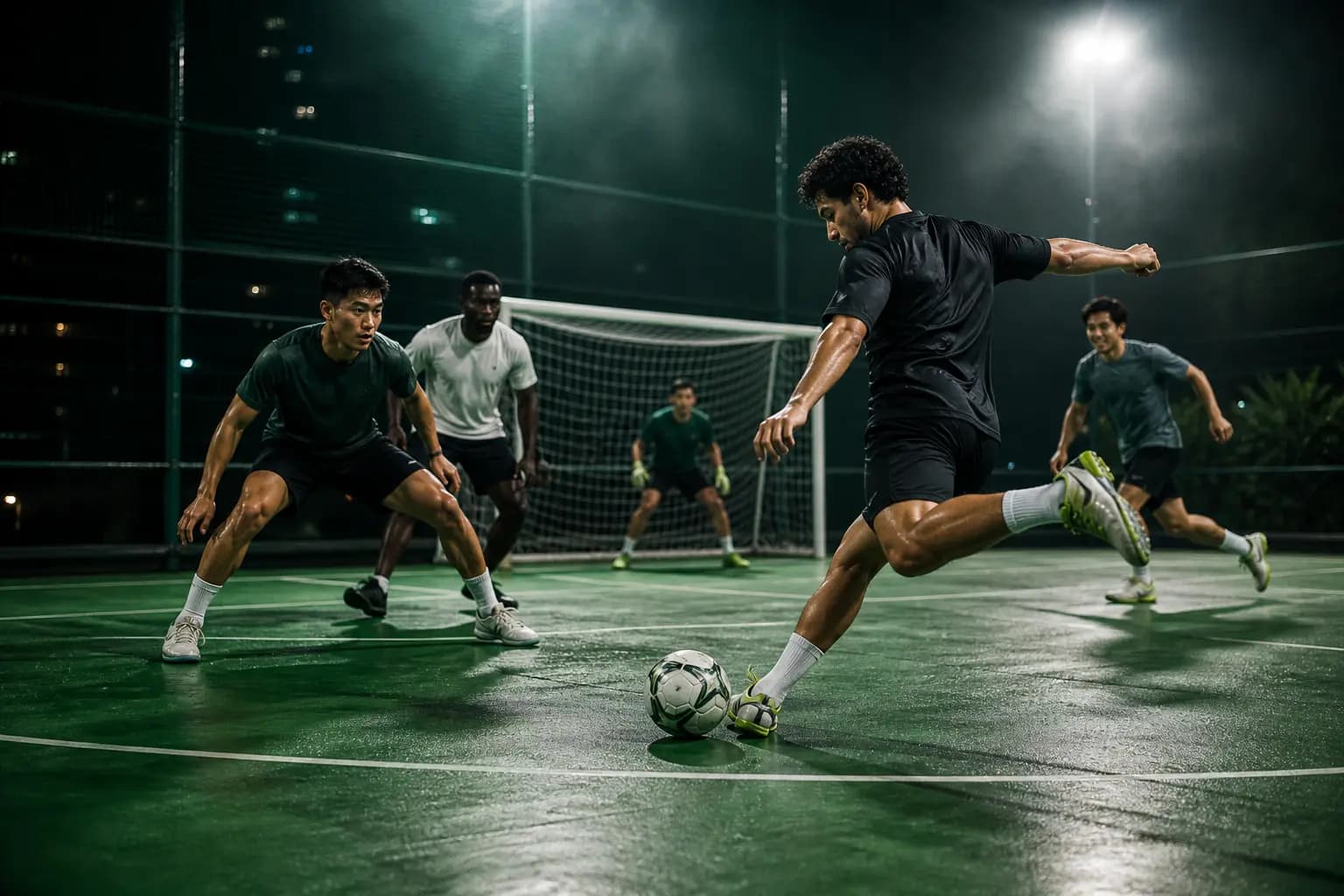 Friends playing futsal under floodlights at a local court